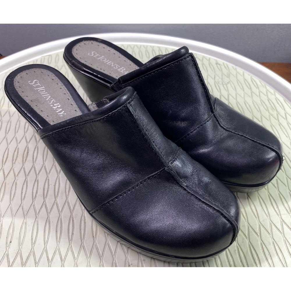 St.John's Bay Womens Leather Black Clogs Mules Slingback Slip-ons Nurse Shoe Sz.